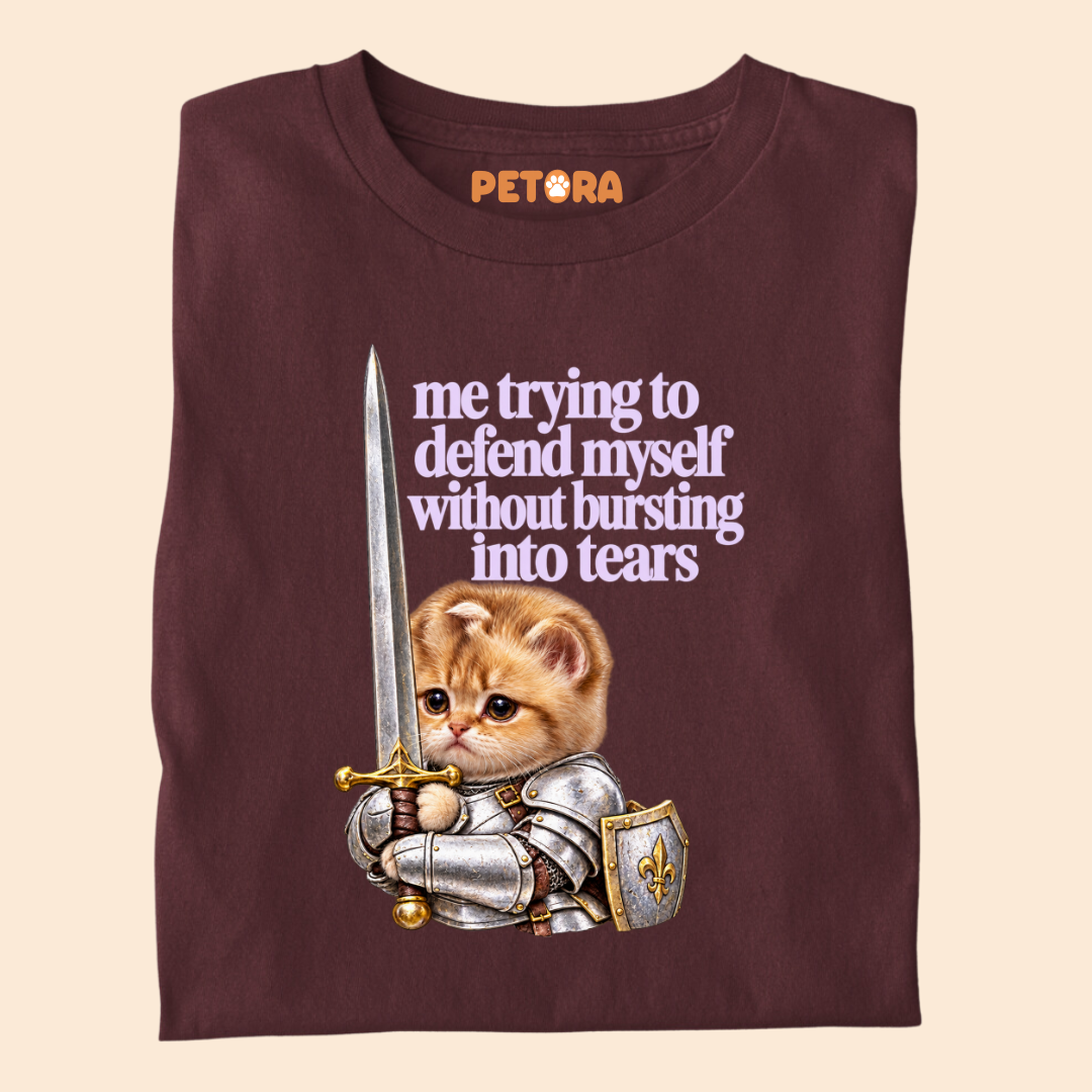 "Defend Myself Without Crying" Relatable Meme Cat Tee