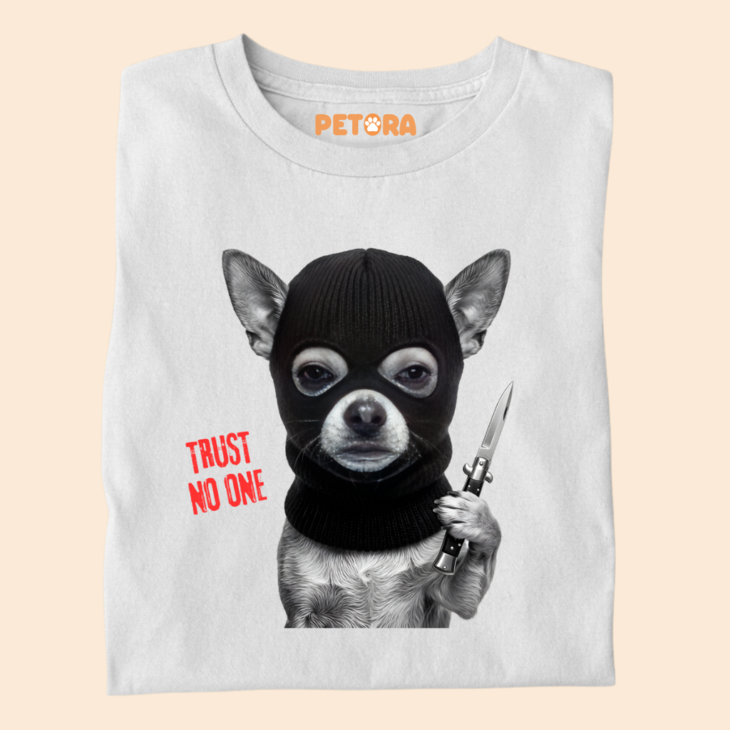 Trust No One Funny Ski Mask Dog Knife Graphic Tee
