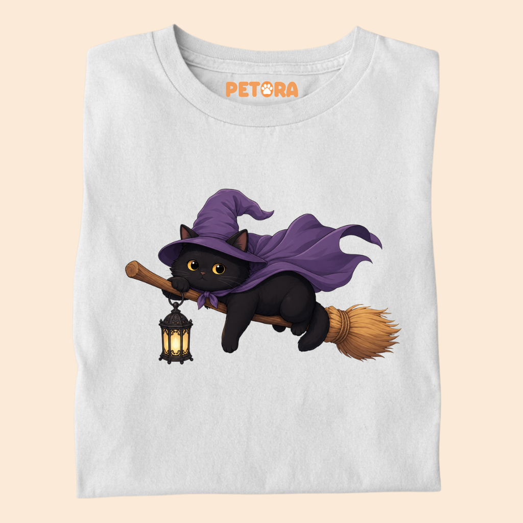 Witchy Black Cat Flying on Broom T-Shirt