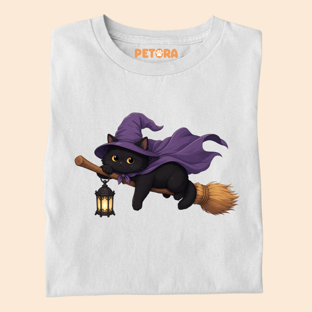 Witchy Black Cat Flying on Broom T-Shirt
