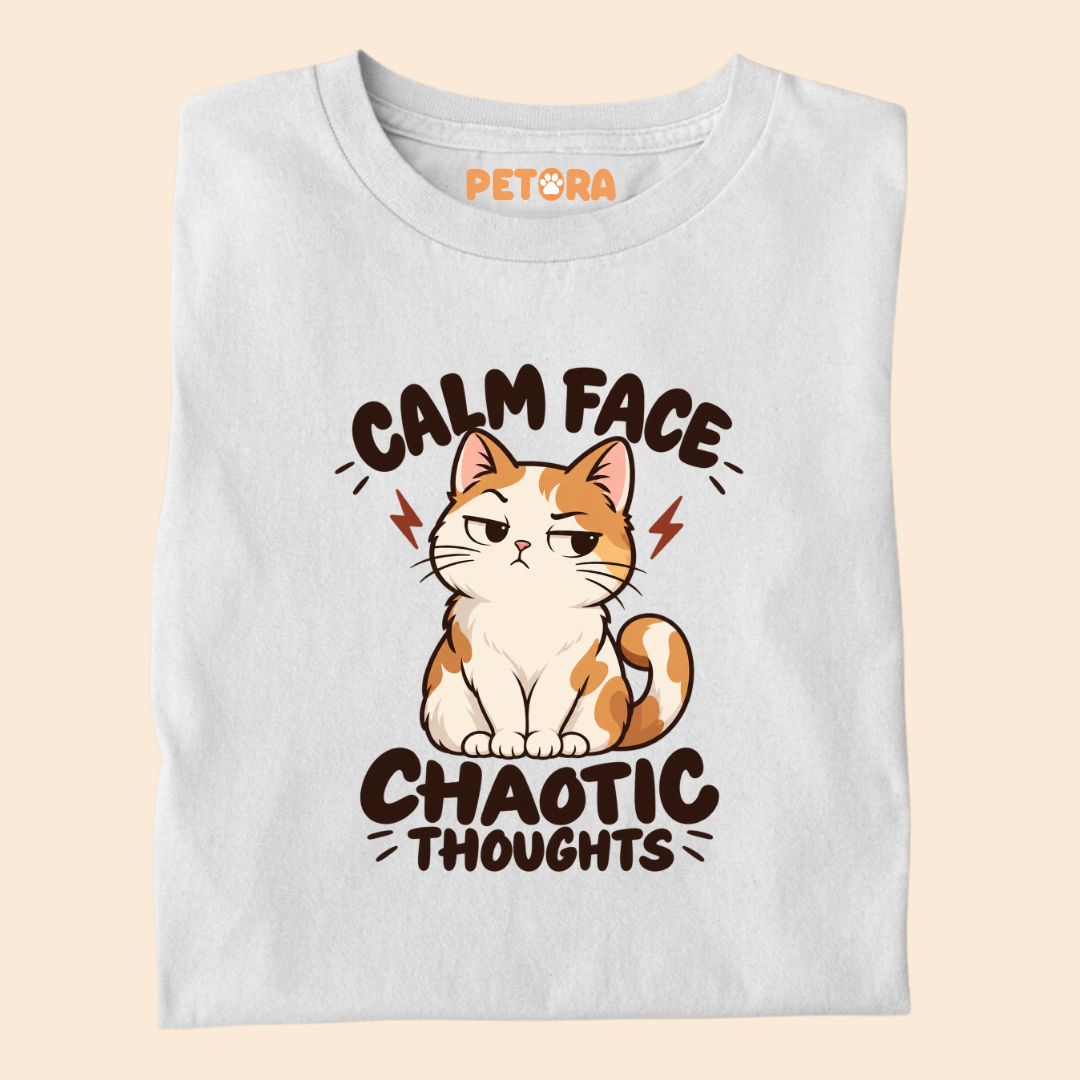 Calm Face Chaotic Thoughts Funny Cat T-Shirt