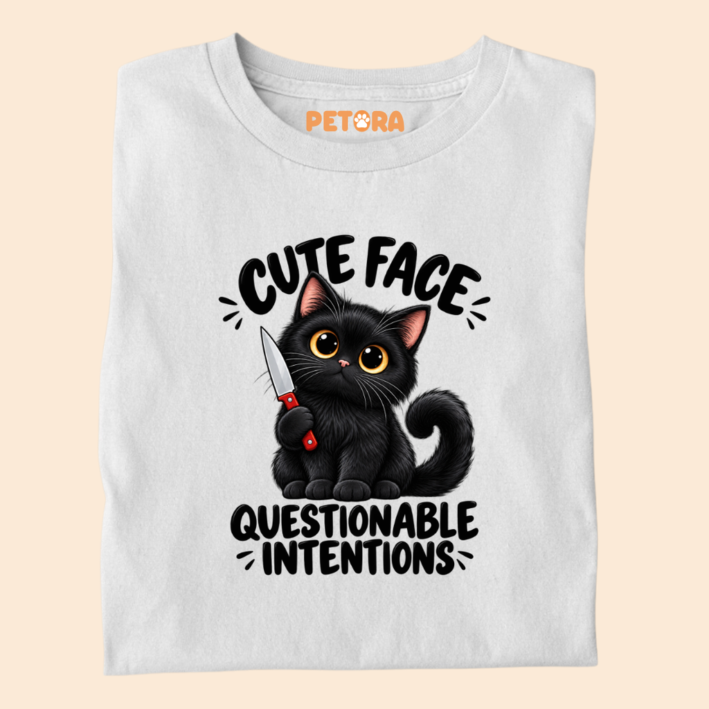 Cute Face Questionable Intentions Funny Black Cat T-Shirt