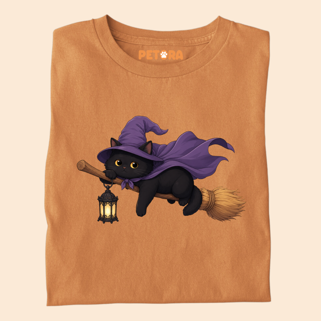 Witchy Black Cat Flying on Broom T-Shirt