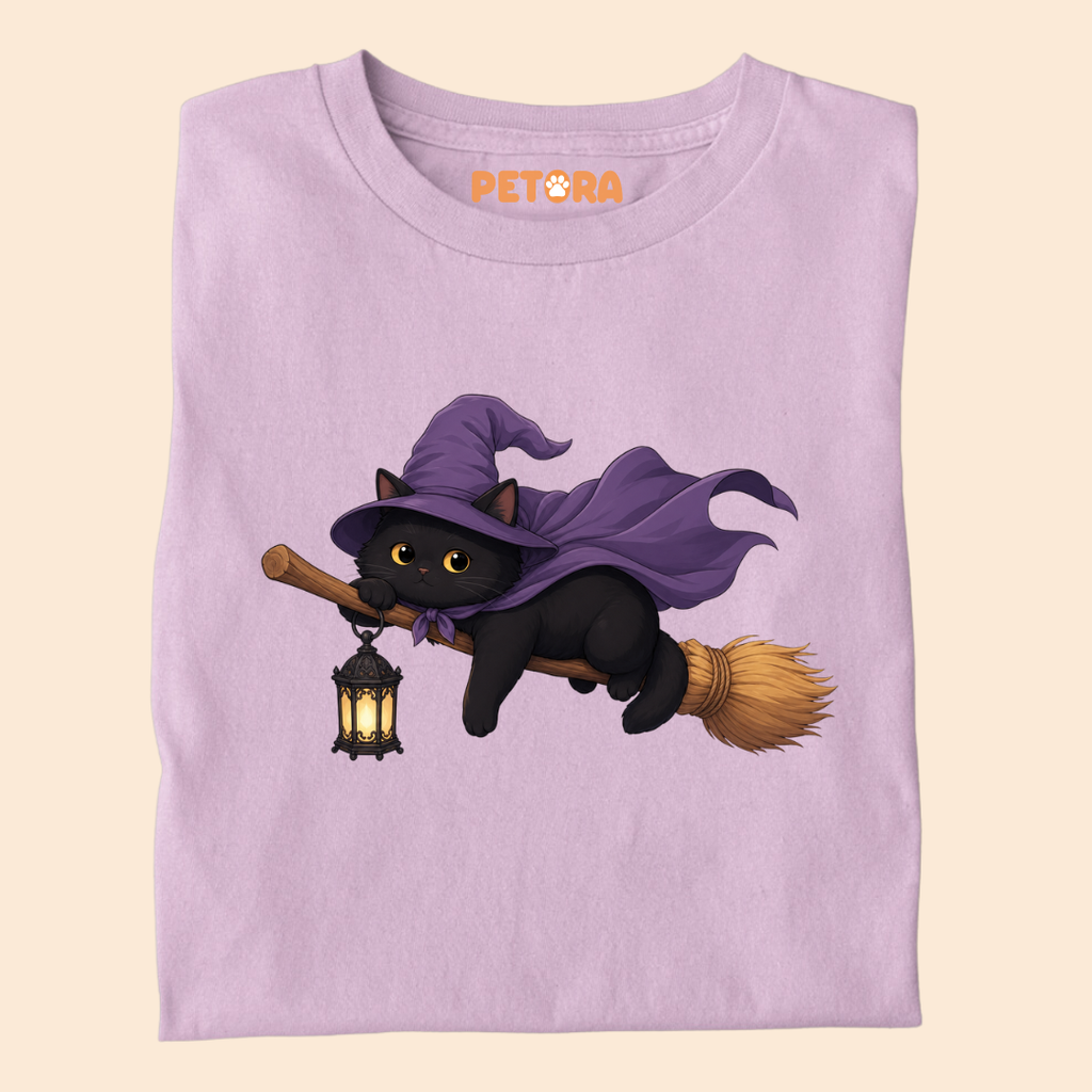 Witchy Black Cat Flying on Broom T-Shirt