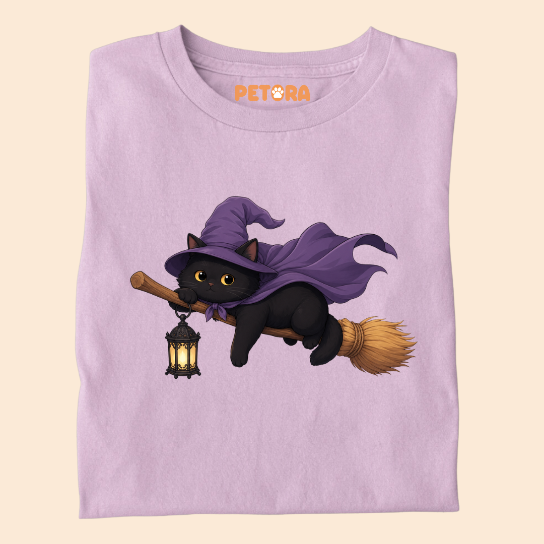 Witchy Black Cat Flying on Broom T-Shirt