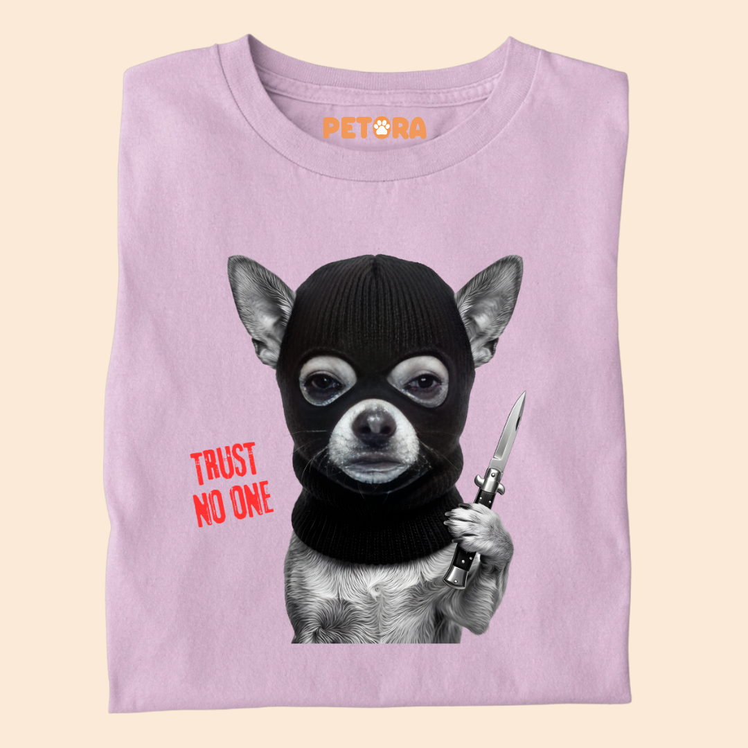 Trust No One Funny Ski Mask Dog Knife Graphic Tee