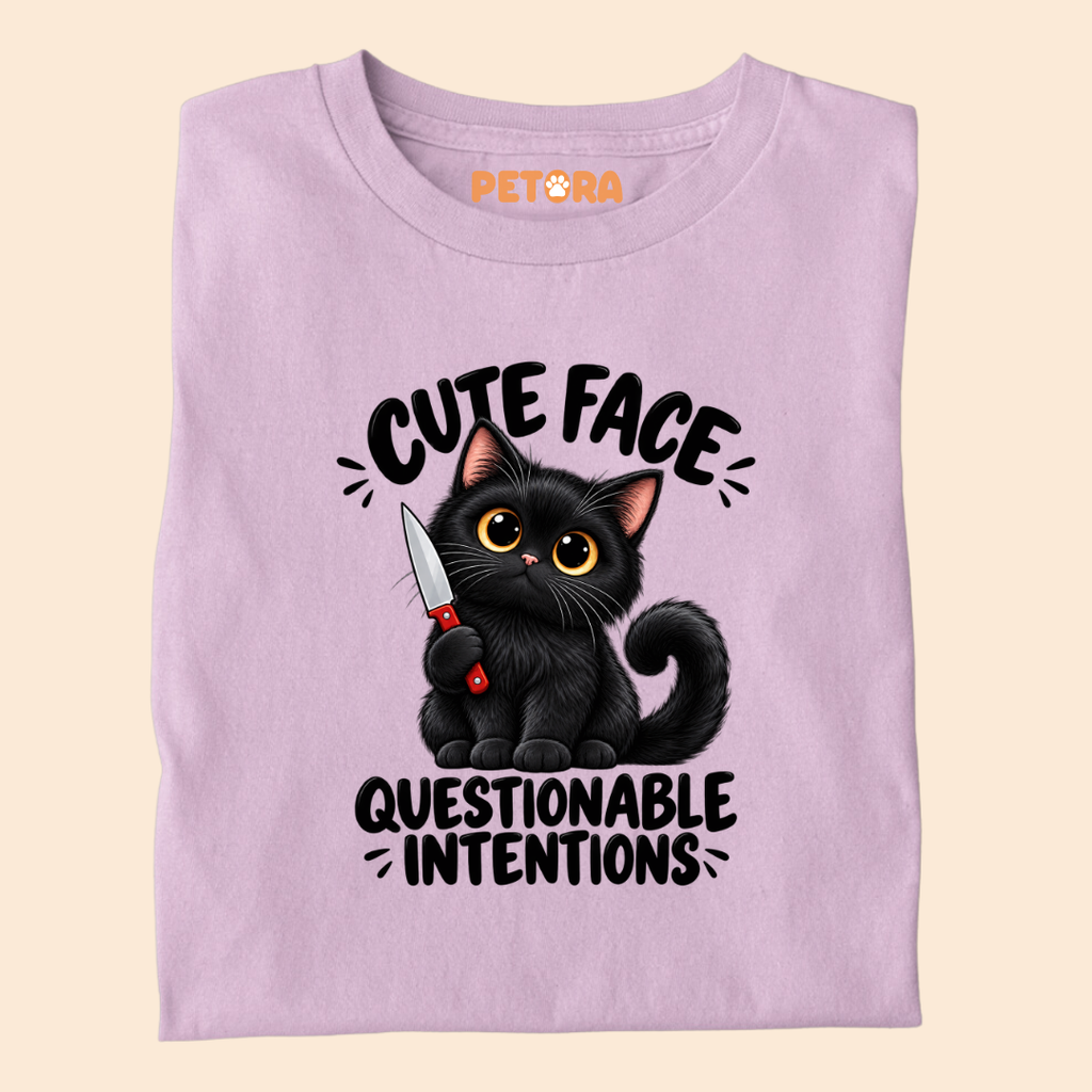 Cute Face Questionable Intentions Funny Black Cat T-Shirt