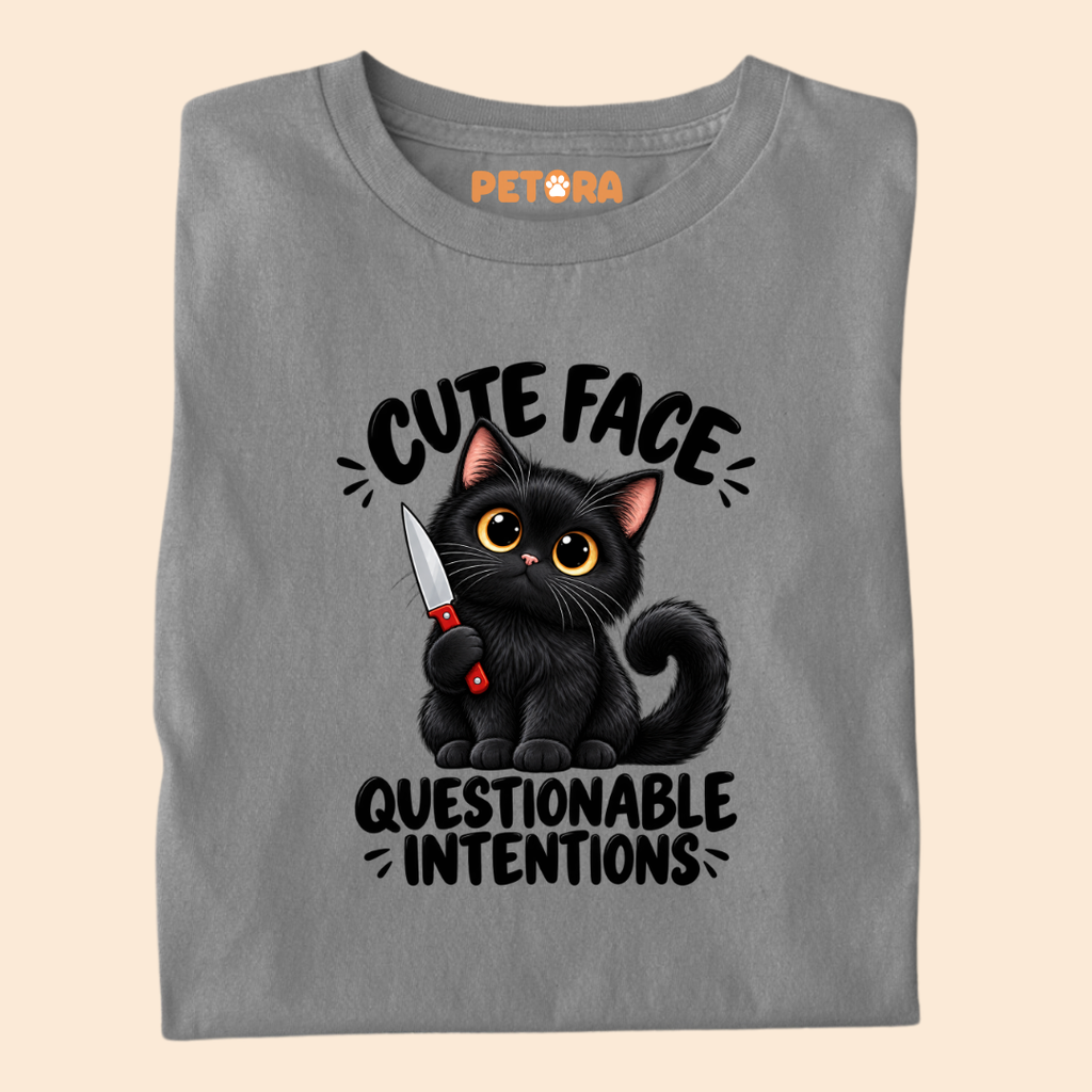 Cute Face Questionable Intentions Funny Black Cat T-Shirt
