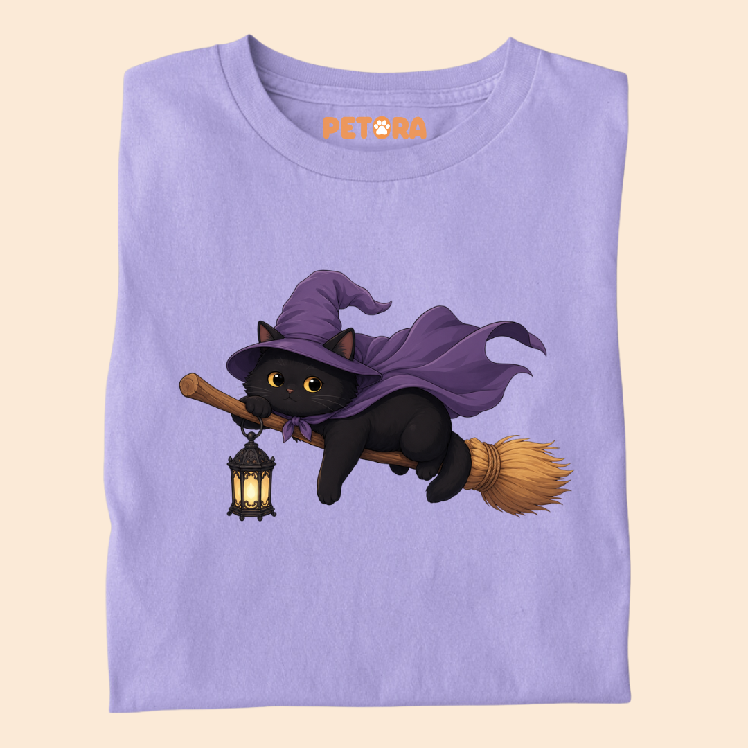 Witchy Black Cat Flying on Broom T-Shirt
