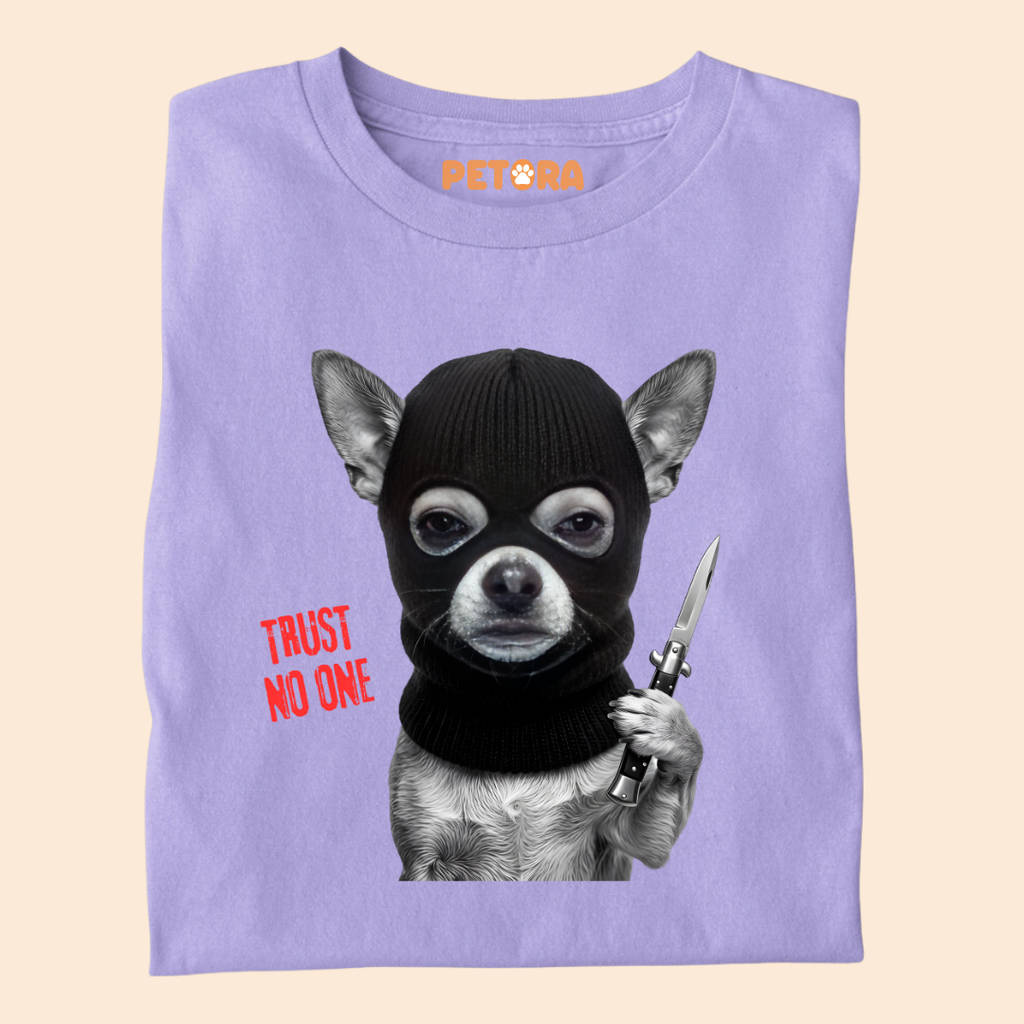 Trust No One Funny Ski Mask Dog Knife Graphic Tee