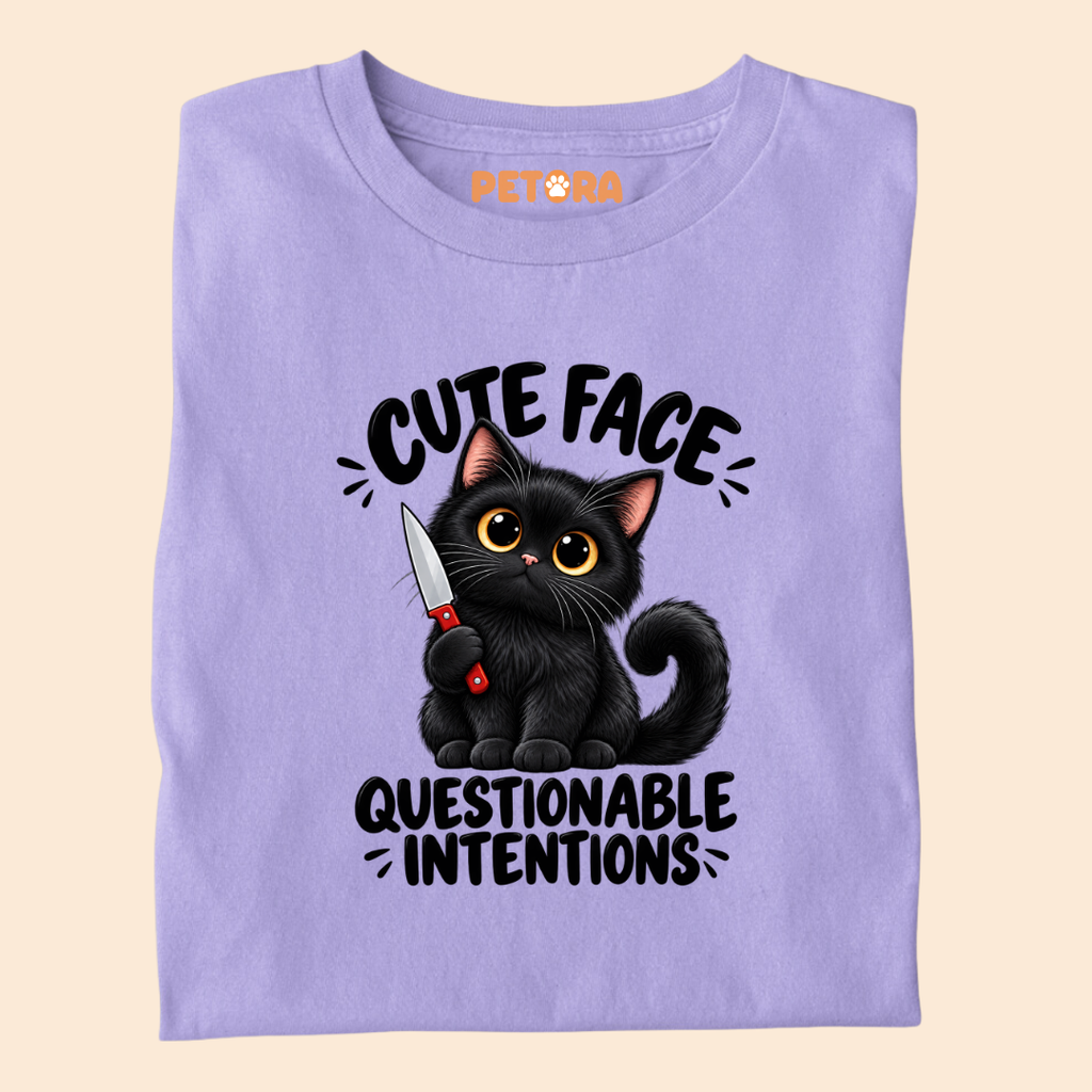 Cute Face Questionable Intentions Funny Black Cat T-Shirt