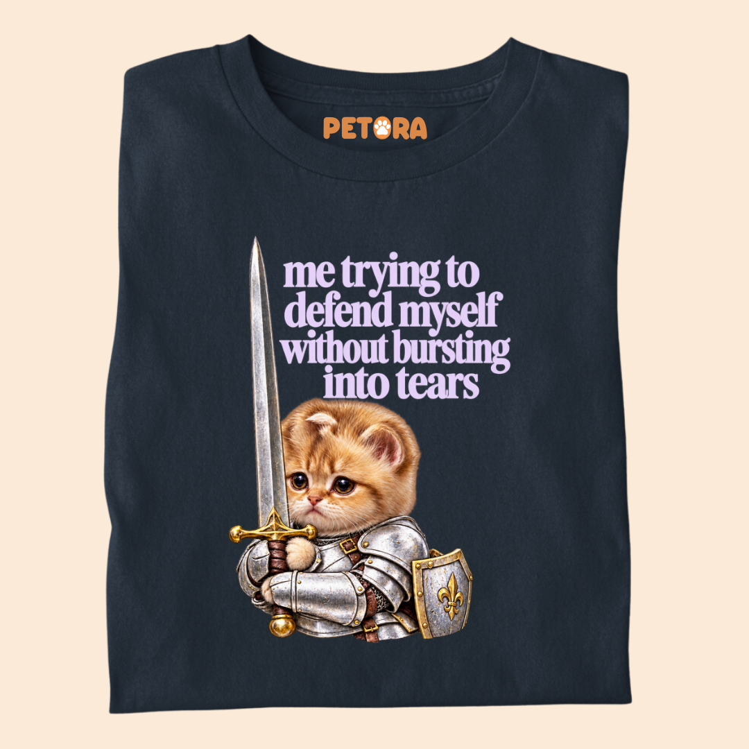"Defend Myself Without Crying" Relatable Meme Cat Tee