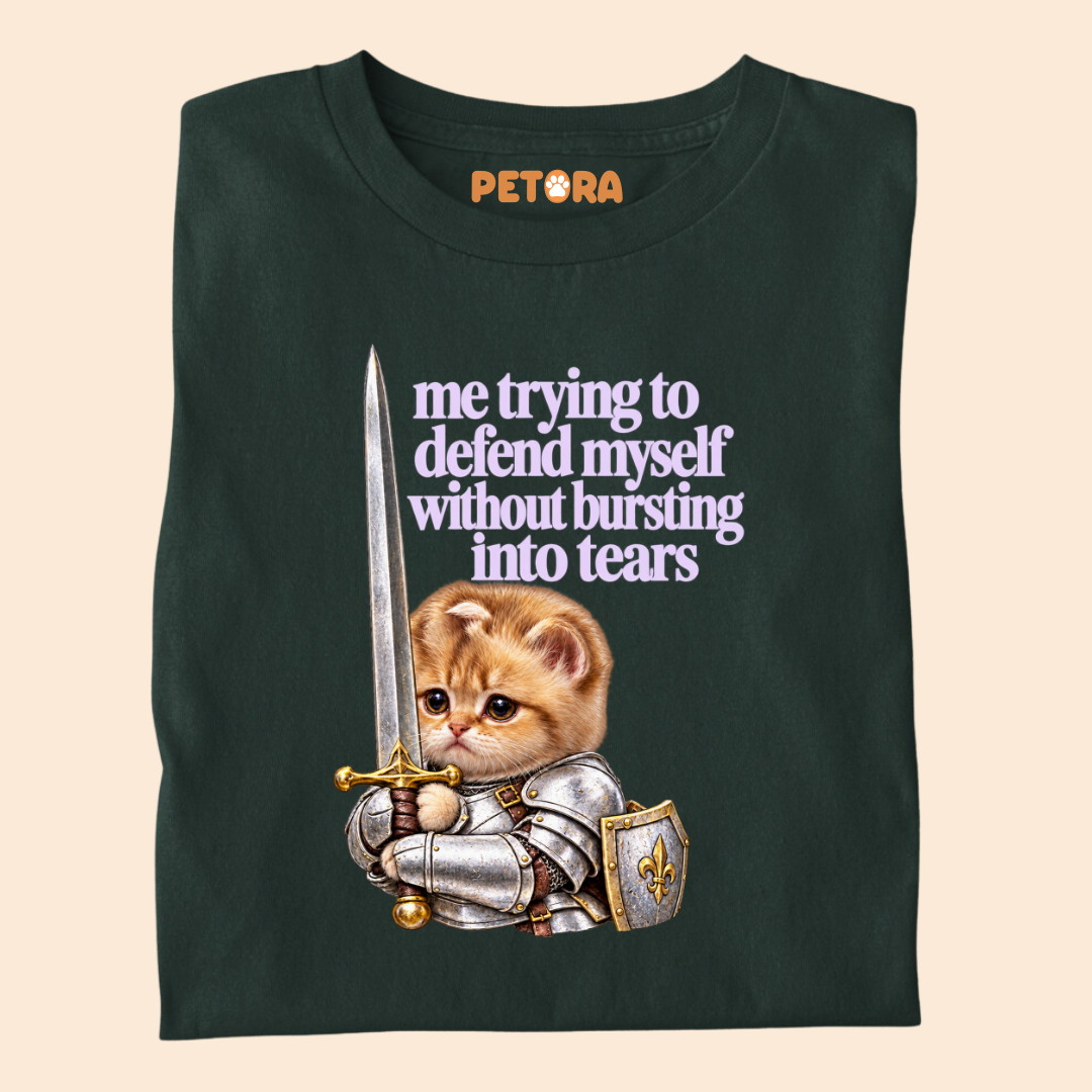 "Defend Myself Without Crying" Relatable Meme Cat Tee